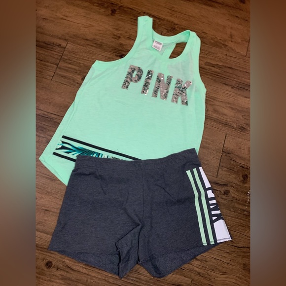 PINK VS TROPICAL BLING TANK / SHORTS OUTFIT SET XS/M - Picture 5 of 6